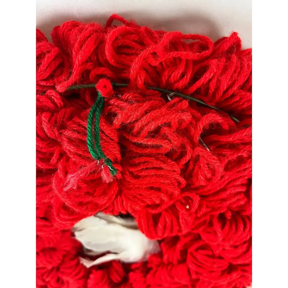 Handmade Holiday Wreath Red Yarn Dove Faux Poinsettia Floral Accents Vintage